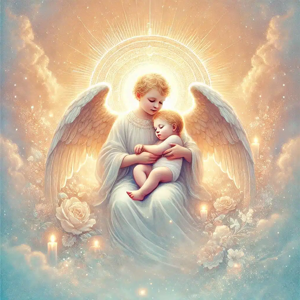 DALL·E 2024 08 09 10.34.11 A spiritual illustration of a deceased child in a peaceful ethereal setting. The child is gently cradled by an angel with soft light shining down fr