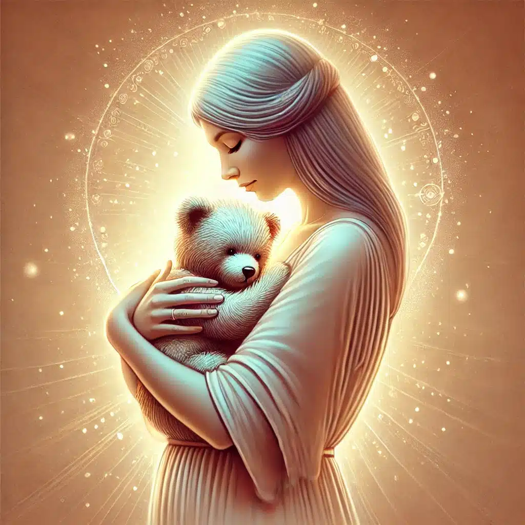 DALL·E 2024 08 13 17.50.16 A spiritual and serene illustration of a mother holding a plush bear close to her chest with the bear nestled securely against her. The bears face i 1